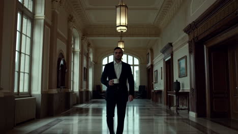 man in suit walks through grand hallway holding a mug