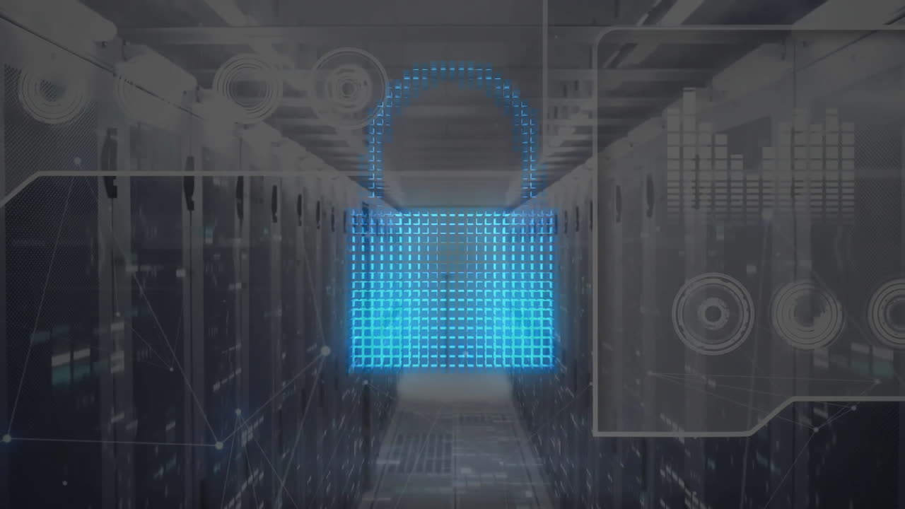Animation of padlock icon and data processing over computer serves