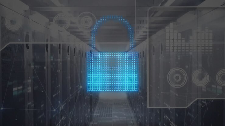 Animation of padlock icon and data processing over computer serves