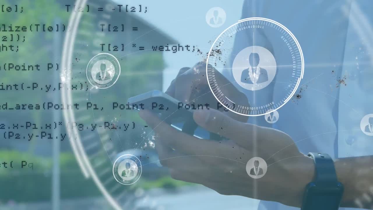 스마트 폰을 사용하는 사람을 통해 연결 네트워크와 데이터 처리의 애니메이션