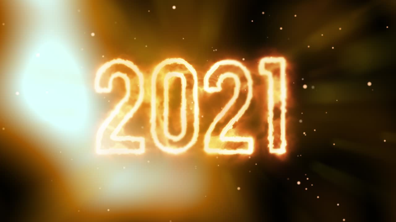 números de nuevos años 2021 luz brillante con fuego en fondo negro.