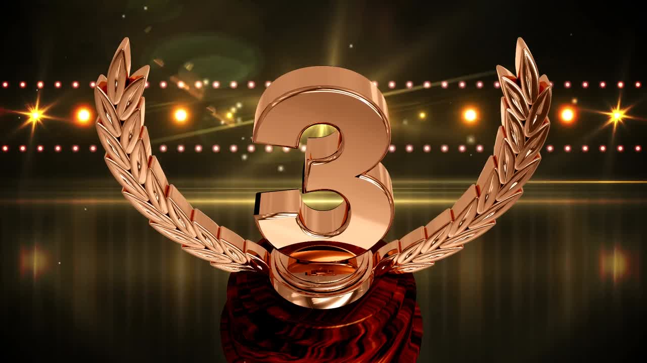 Animation of third place award trophy at floodlit winners' prize giving ceremony