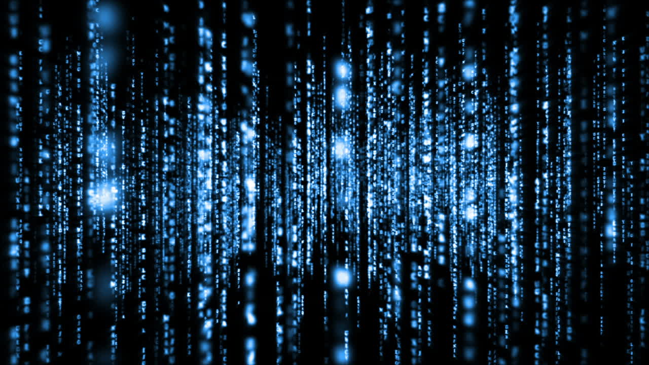 Lines of light blue blurred letters falling