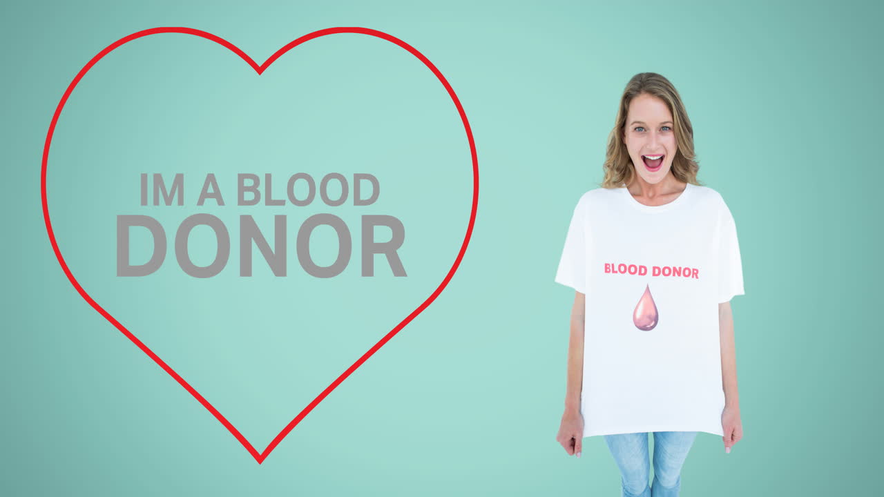 Animation of i'm a blood donor text and heart logo, with laughing woman in blood donor t shirt
