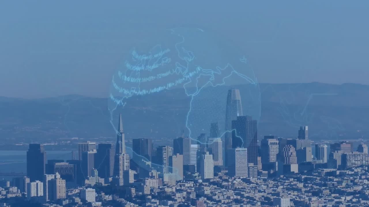 도시 풍경의 공중 시야에 대한 전 세계 데이터 처리의 애니메이션