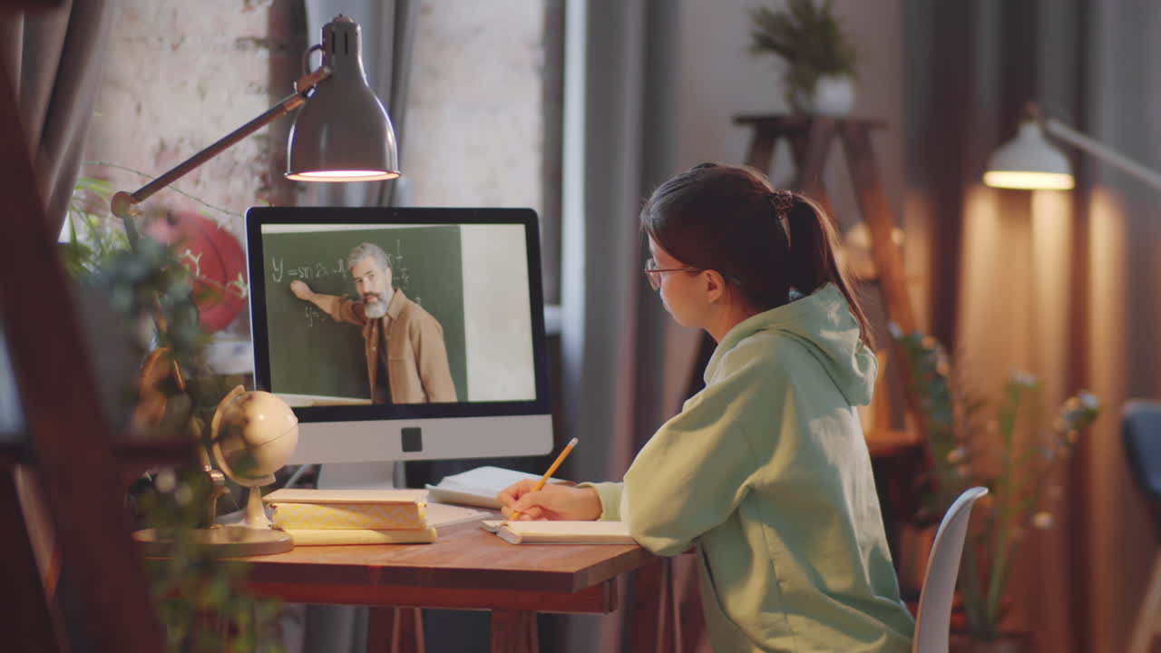 집에서 공부하는 동안 컴퓨터에서 학교 수업을 보는 소녀