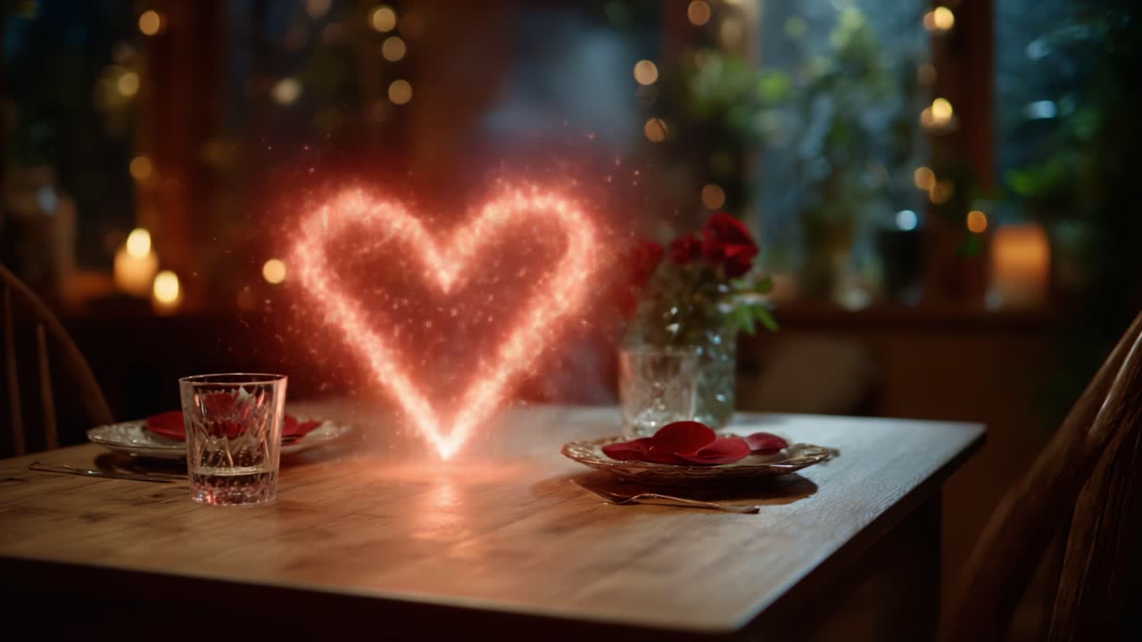 A Romantic Candlelit Dinner Table Setting with Sparkling Heart Shimmer and Beautiful Roses, Perfect for Creating a Magical Atmosphere of Love and Affection