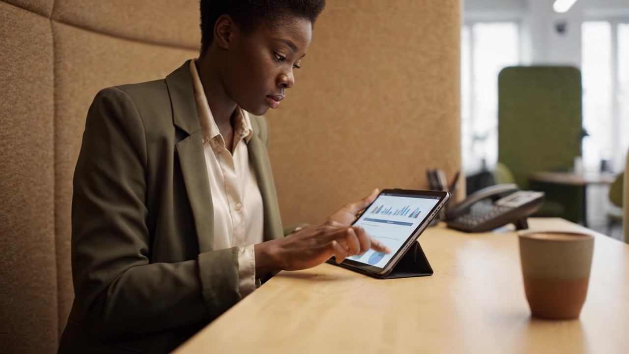 Focused Professional Analyzing Data on Tablet in Modern Office Setting with Soft Lighting and Minimalist Decor, Highlighting Productivity and Technology Use