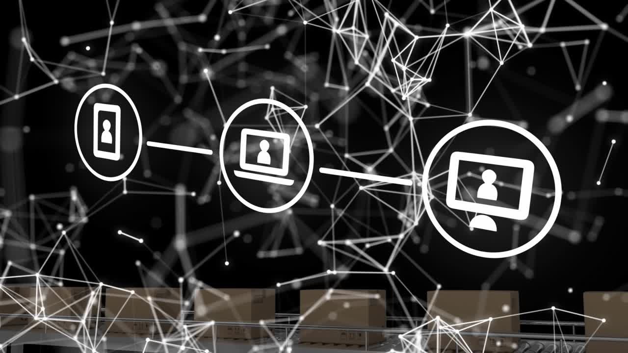 Animation af medieikoner over kasser på et transportbånd