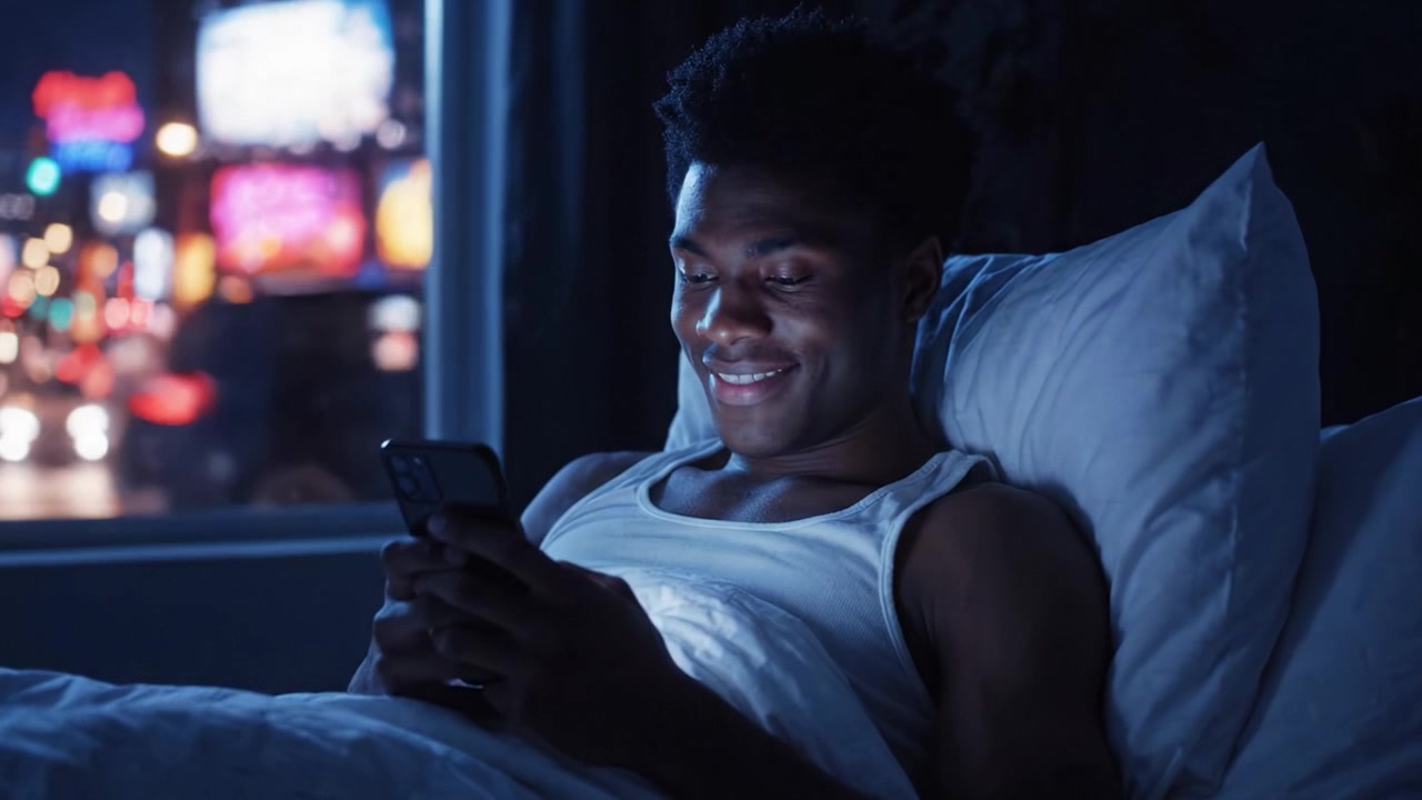 A Young Man Enjoys Late Night Relaxation While Scrolling on His Smartphone in a Cozy Bedroom with City Lights in the Background.