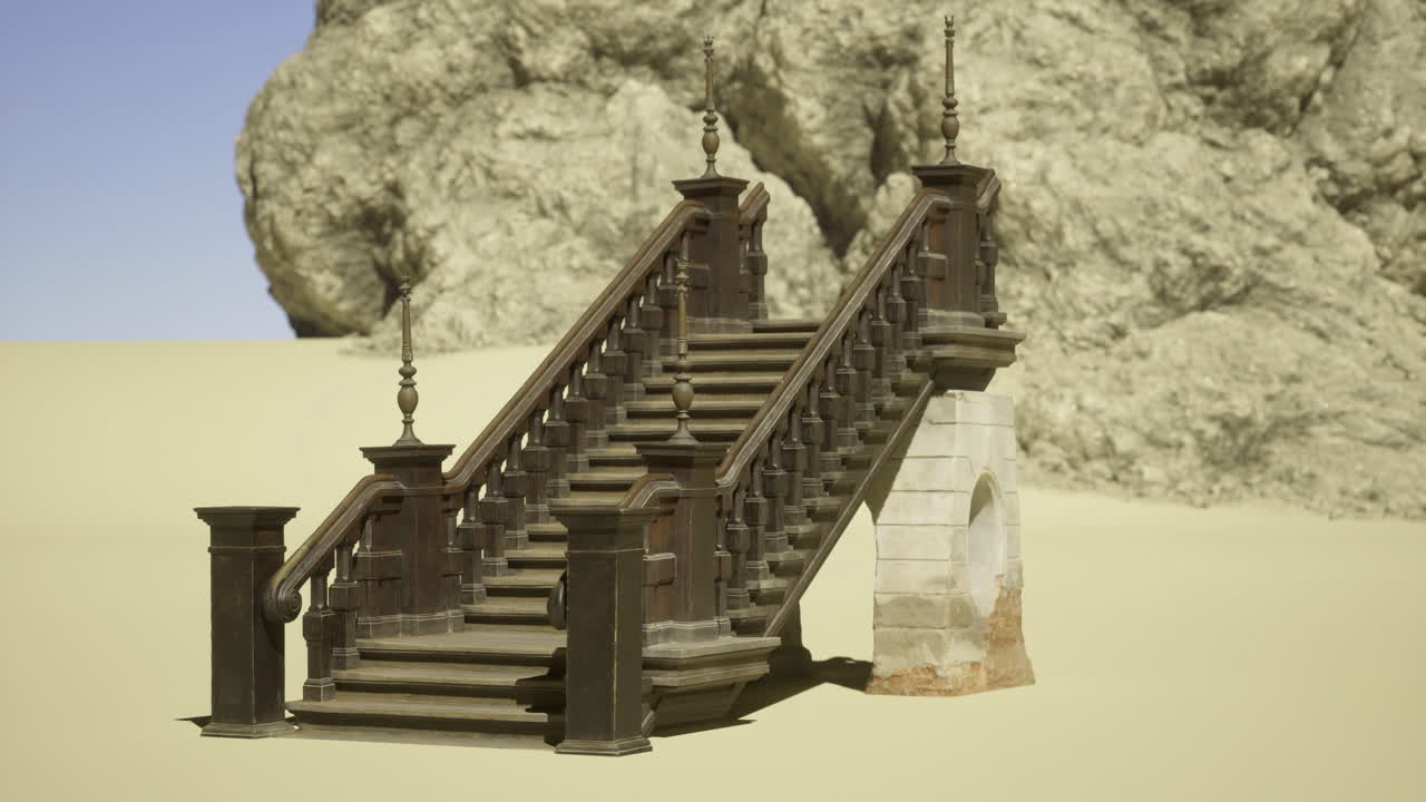 Stately staircase overlooking arid landscape with rugged rock formations