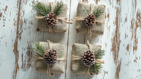 regalos de navidad rústicos envueltos en tela con conos de pino