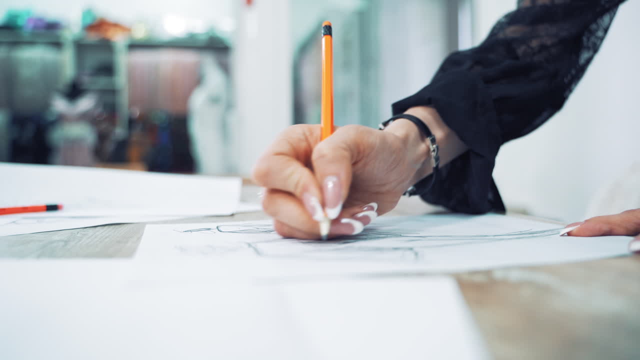 Hands of a professional tailor is drawing a sketch with a sharp pencil on a table. Dressmaker is making a creative design of a dress on a sheet of paper in her workplace.