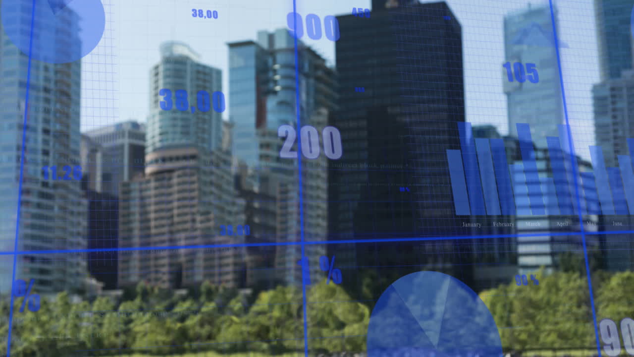 Animation of changing numbers and graphs over plantation against modern buildings