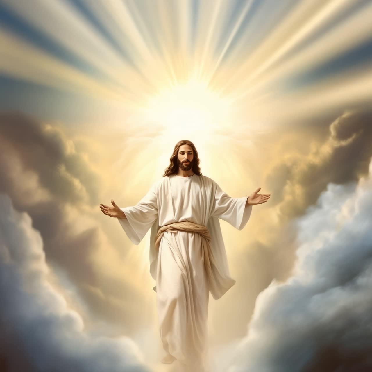 Heavenly scene with a divine figure in white robes, surrounded by clouds and radiant light