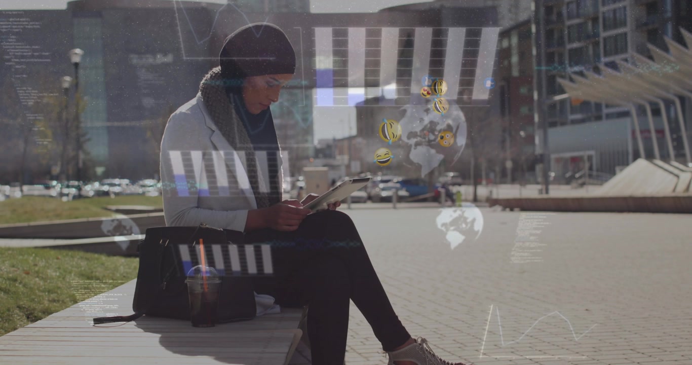 Vertical video: Tapping woman in hijab responding to AR overlays, reviewing data on tablet in plaza