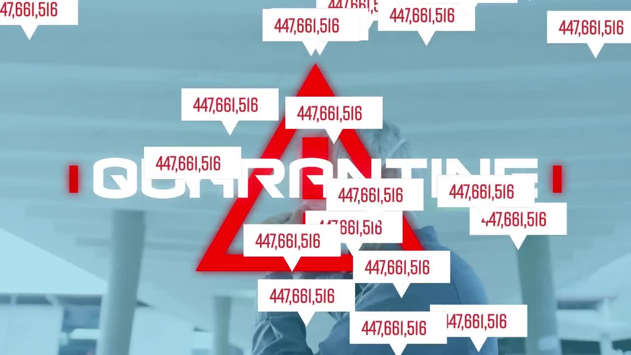 경고 삼각형과 얼굴 마스크를 입은 사람의 코로나 19 데이터 처리 애니메이션