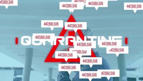 animation of covid 19 data processing over warning triangle and man in face mask