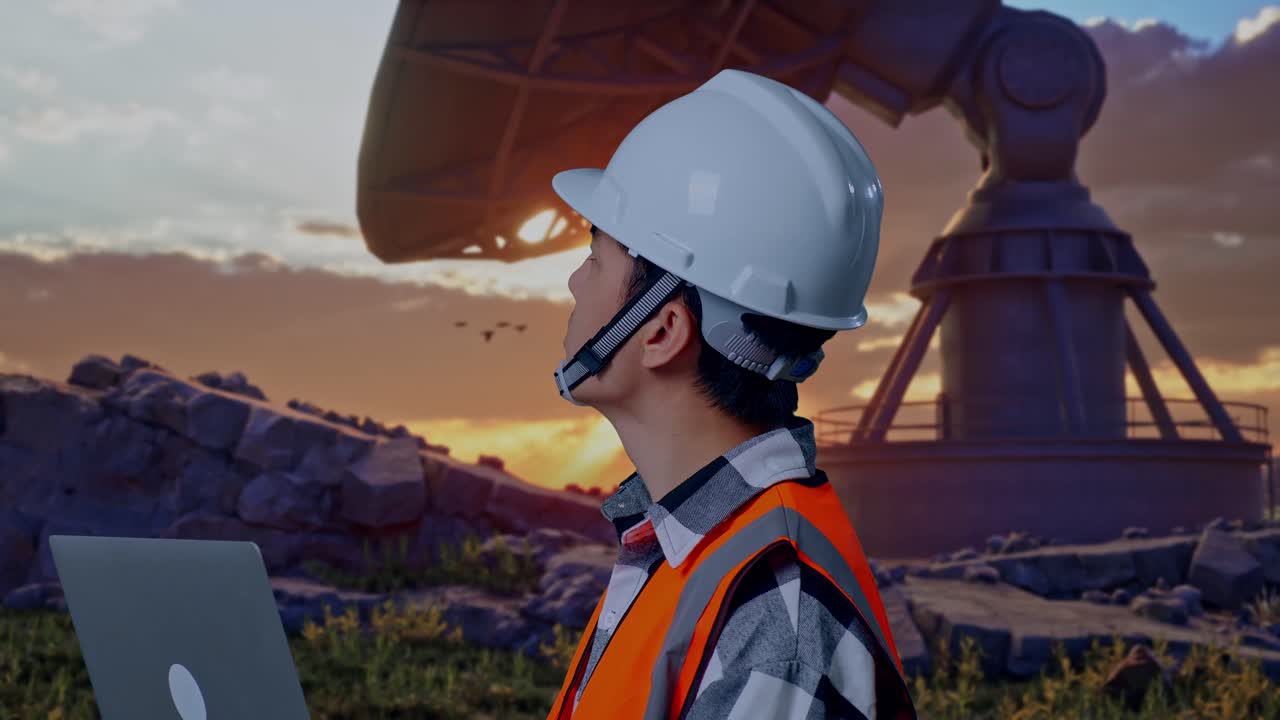 Close Up Side View Of Asian Male Engineer With Safety Helmet Working On A Laptop And Looking Around While Standing With Large Satellite Dish
