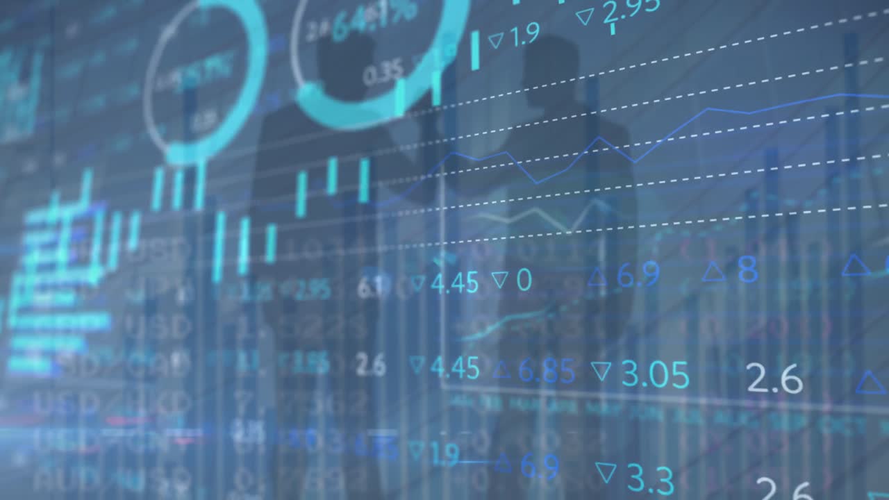 Animation of stock market data processing over silhouette of two businessmen holding hands