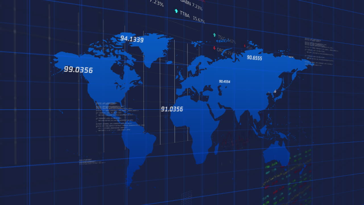 A digital world map displays various data points, with copy space