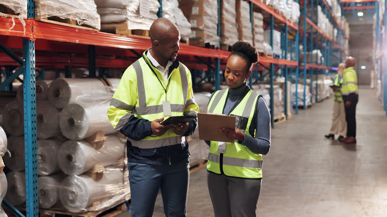 dos trabajadores del almacén hablando y comprobando el inventario