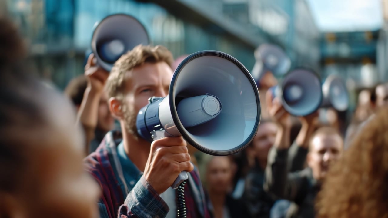 Una folla appassionata si mobilita con fervore per il cambiamento, amplificando le proprie voci con megafoni in una vibrante dimostrazione di unità e determinazione per un futuro migliore.