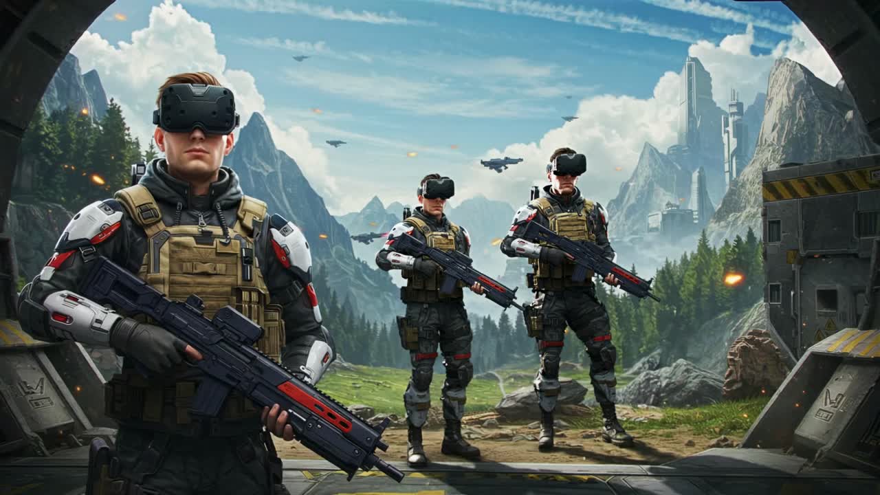 Equipped with advanced futuristic gear, soldiers participate in a high-tech virtual reality training simulation amidst a breathtaking mountain landscape filled with lush greenery and dramatic peaks