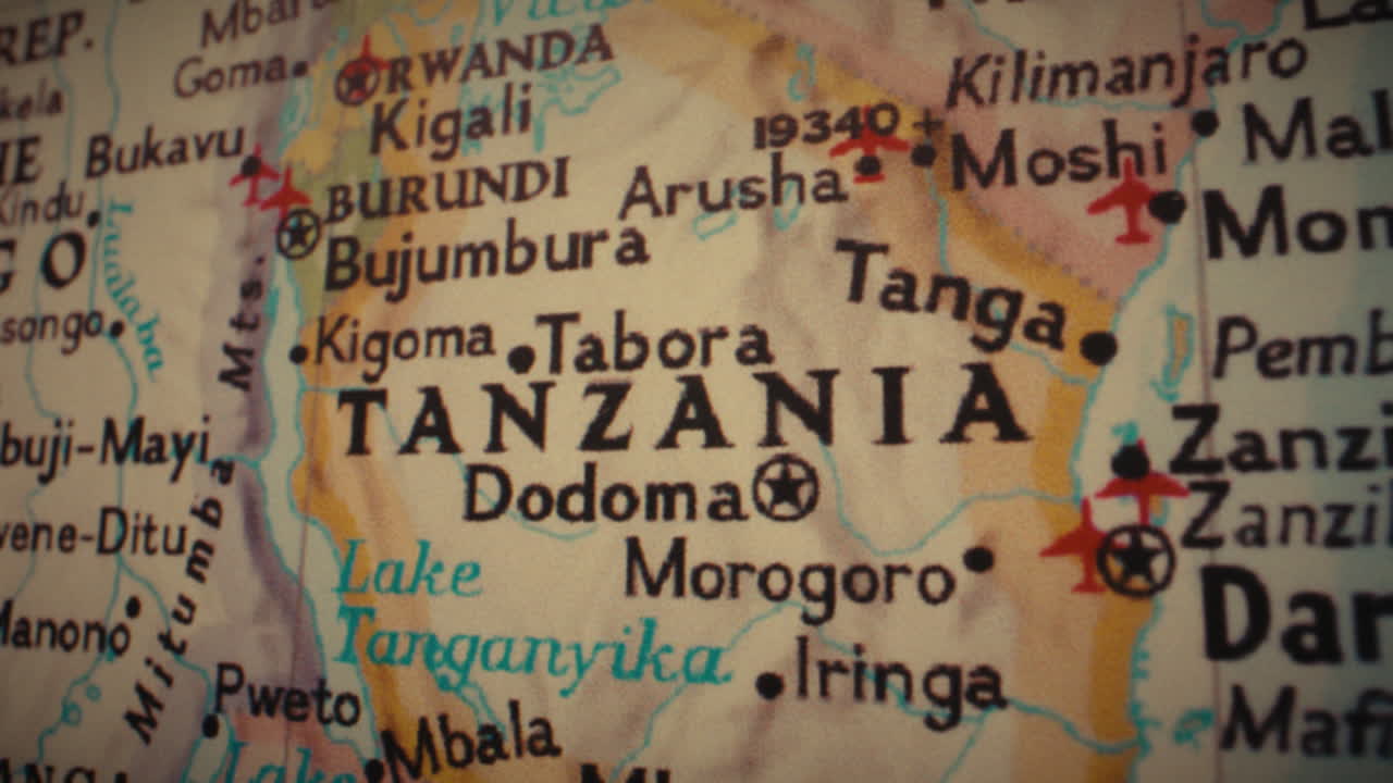 Close-up of a Map of Tanzania and East Africa