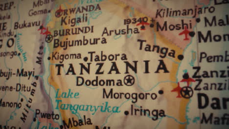 close-up of a map of tanzania and east africa