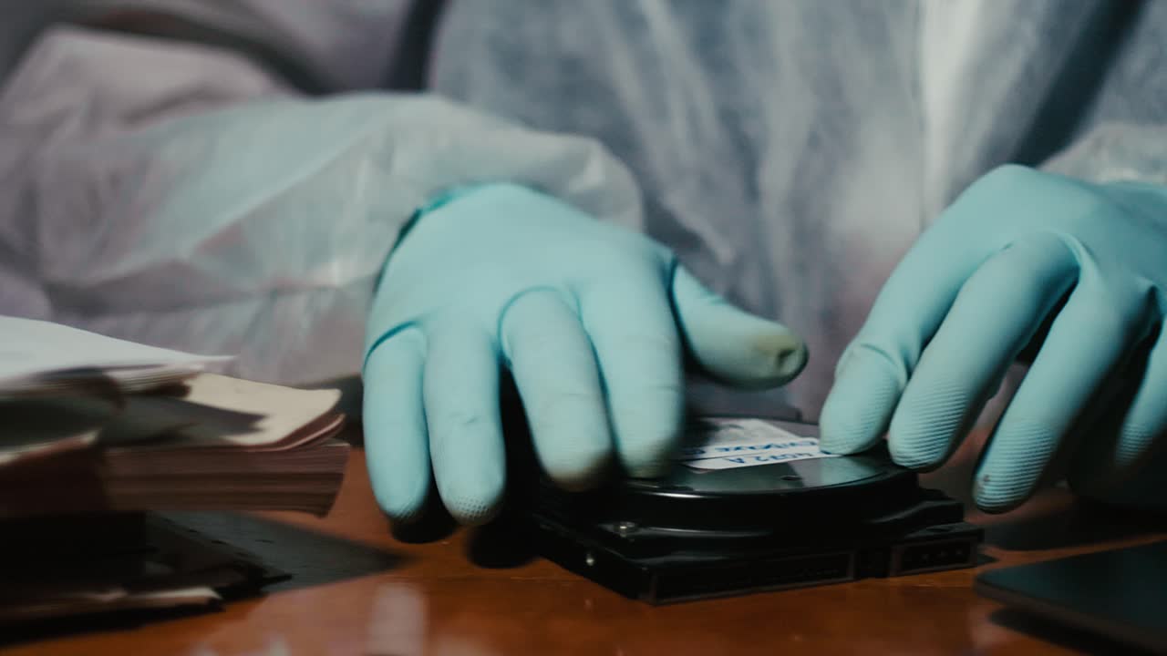 Forensic investigator markering hard drive, proof of cyber crime, closeup view