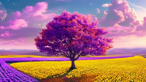 a lone tree in the middle of a field of flowers