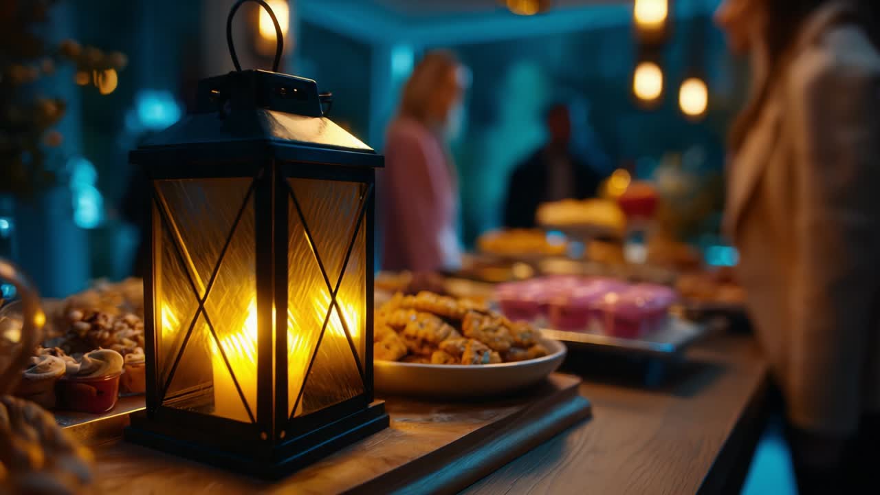 A Cozy Evening Gathering Featuring a Beautiful Lantern Illuminating the Table Full of Delicious Treats, Desserts, and Snacks Amidst an Elegant Atmosphere with Soft Lighting