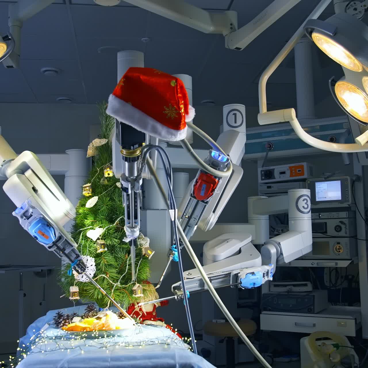 Medical robot putting lights on the fir-tree. Surgical room in hospital with robotic technology equipment. Christmas tree and decorations in the surgery