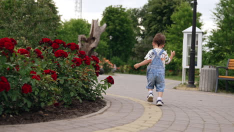 baby toddler running around the beautiful flower bed in the park. little boy having good active time in summer outside.