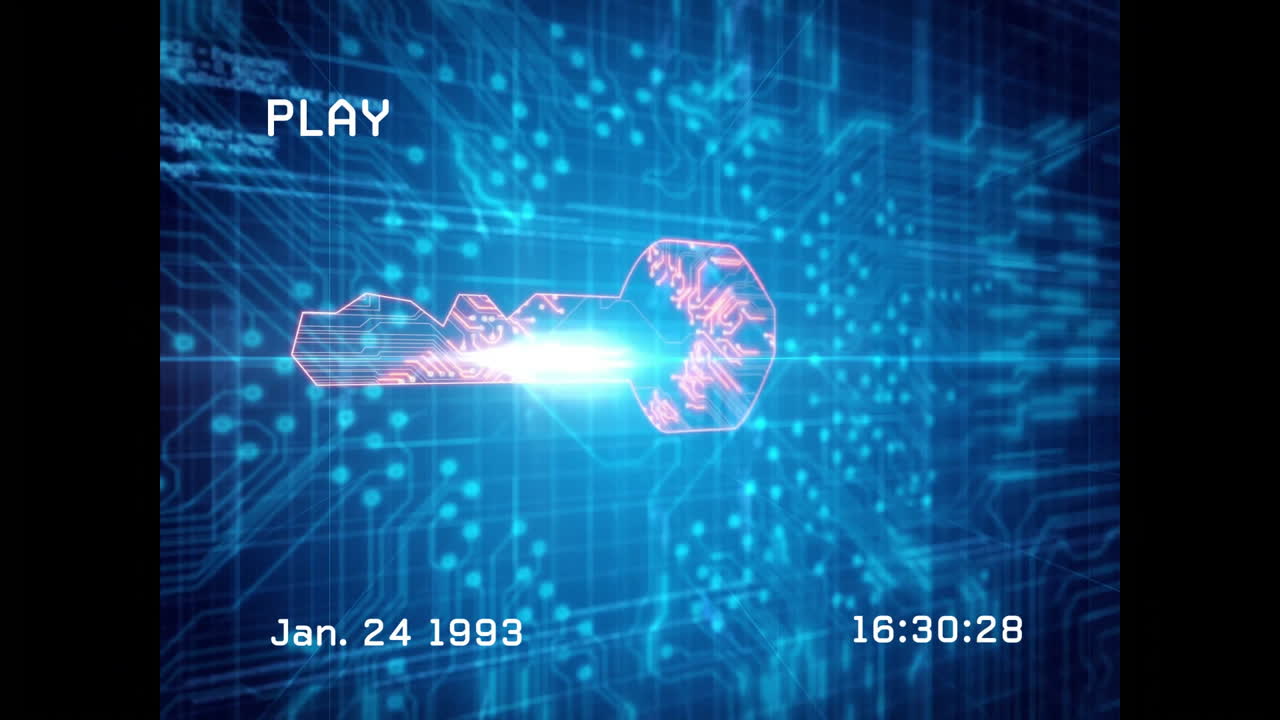 Futuristic digital key animation with date and time overlay on blue grid background
