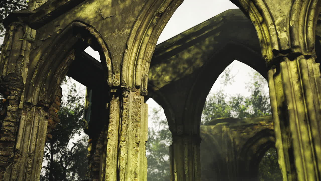 Antichi archi di pietra avvolti dalla natura in un paesaggio forestale dimenticato