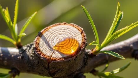 close-up of a glimmering drop of resin on a tree branch, showcasing the vibrant organic patterns and surrounding leaves in beautiful natural light