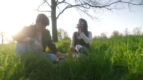 couple enjoying a picnic in the park at sunset