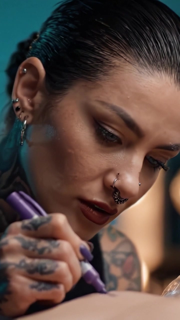 Un'intensa attenzione all'arte corporea: un tatuatore che disegna abilmente disegni intricati, mostrando la sua notevole creatività e il suo stile personale unico.