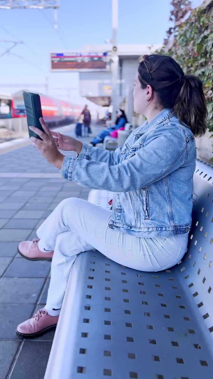 Woman Showing the Arriving Train During a Video Chat