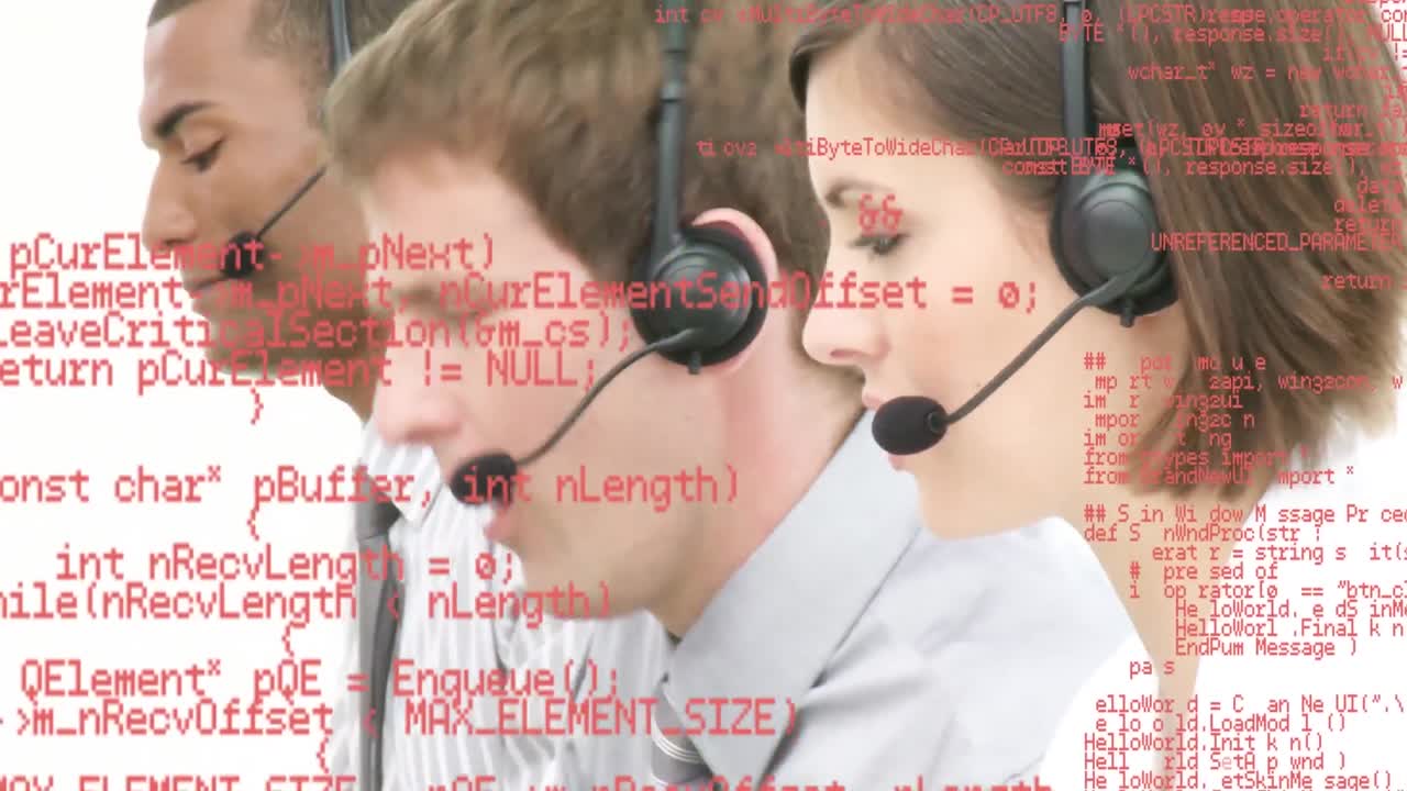 전화 헤드 ⁇ 을 사용하는 비즈니스 사람들에 대한 데이터 처리 애니메이션