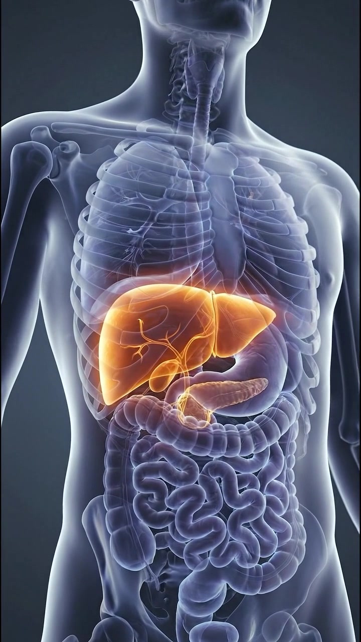 3D Graphic Scan Highlighting Human Liver Organ inside Torso