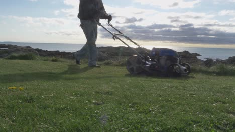 a man with a self-propelled trimmer cuts grass in a lawn near the sea