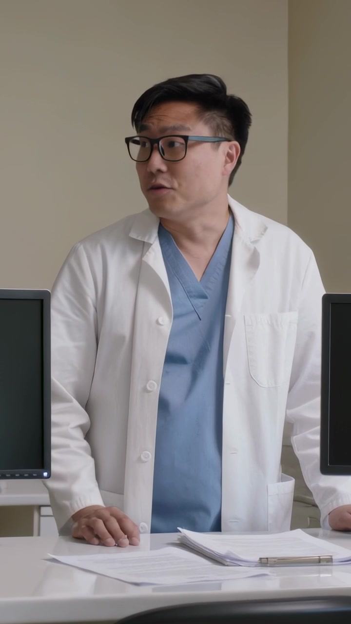 Video vertikal: Dokter Asia berjas lab melirik ke kanan, menanggapi, memberi isyarat di meja dengan kertas dan PC.