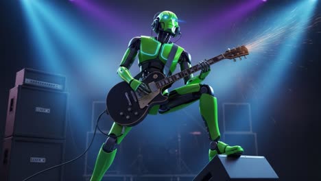 a futuristic robotic musician enthralls the audience with electrifying guitar solos in a vibrant concert stage setting, showcasing cutting-edge technology and artistry