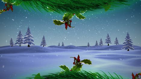 Christmas-wreath-over-snow-falling-over-multiple-trees-on-winter-landscape-against-blue-sky