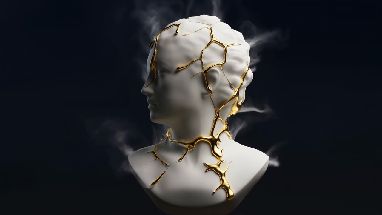 White Classical Bust Cracked With Gold Veins, Kintsugi Restoration Emitting Wisps Of Smoke Against Dark