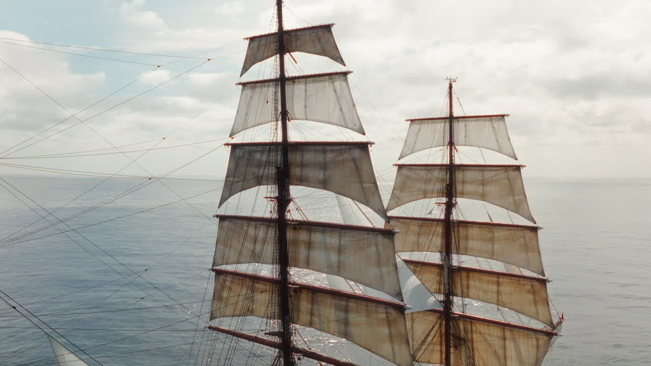 Aerial closeup of mast rigging supporting and controlling the masts and sails of a sailing vessel in Atlantic Ocean