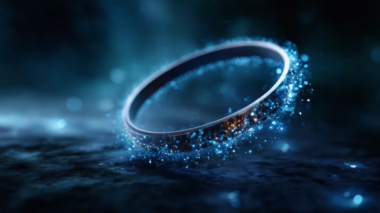 Un anello affascinante circondato da particelle scintillanti in una mistica atmosfera blu, che cattura la bellezza della luce e del riflesso in un'ambientazione da sogno